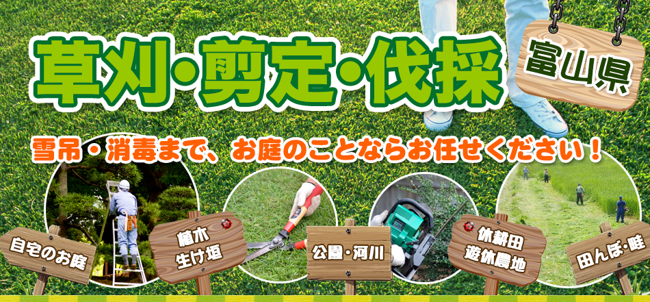富山県での草刈り（芝刈り・草むしり）・除草・剪定・伐採・雪吊りなら富山商会にお任せください。